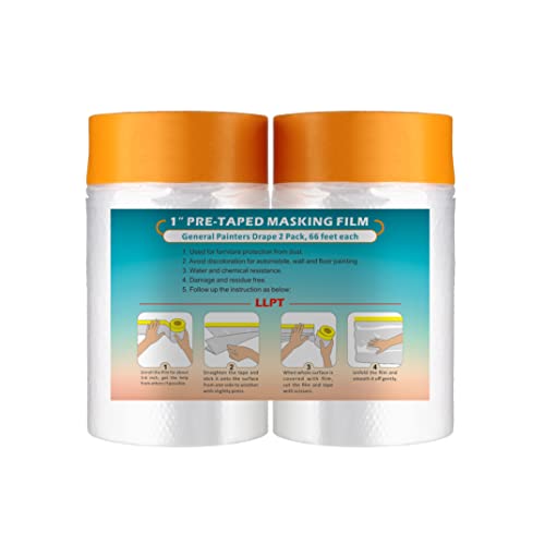 LLPT Tape and Drape 25.6”(Unfolded) x 66 Ft Each 2 Pack Pre-Taped Masking Film 0.27 Mil Painters Plastic Drop Cloth for Auto Wall Furniture Painting Protection (MFT652) - size: 25.6 Inch x 66 Ft