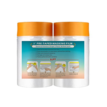 LLPT Tape and Drape 25.6”(Unfolded) x 66 Ft Each 2 Pack Pre-Taped Masking Film 0.27 Mil Painters Plastic Drop Cloth for Auto Wall Furniture Painting Protection (MFT652) - size: 25.6 Inch x 66 Ft