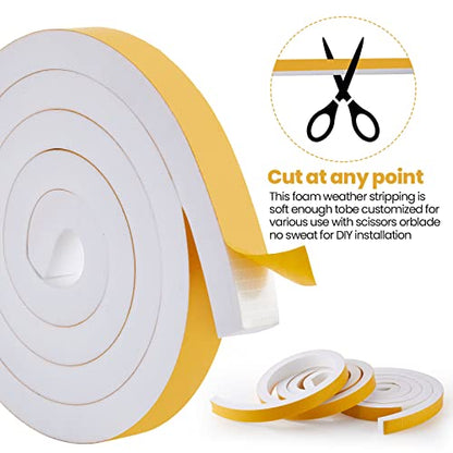 4 Rolls Total 26 Ft White Weather Stripping 1 Inch Wide x 3/4 Inch Thick Self Adhesive High Density Foam Tape Insulation Weatherproof Window Door Seal Strip Soundproof Collision Avoidance 6.5 Ft x 4