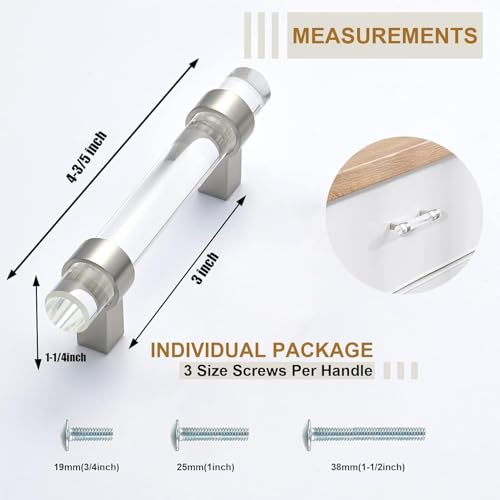 5 Pack Glass Drawer Pulls, Cabinet Handles, Crystal Dresser Pulls(3 Inch Hole Center), Brushed Nickel - color: Brushed Nickel, size: Hole Center : 3 Inch (76mm), style: 5 Pack