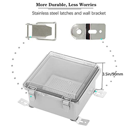 Zulkit Junction Box IP67 Waterproof Electrical Box Hinged Clear Cover Stainless Steel Latch Plastic Enclosure for Project w Mounting Plate Wall Bracket and 2 Cable Gland 5.9"x5.9"x3.5"/150x150x90mm - color: Clear Cover, size: 5.9"x5.9"x3.5"