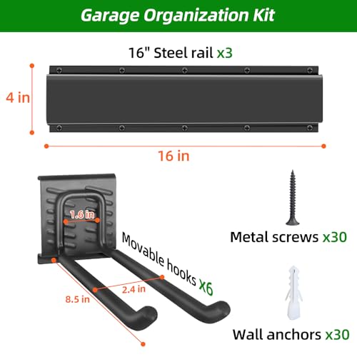 PIYILO Garage Organization, Garage Wall Organizer with 48 inches Rails and 6 Hooks, Tool Organizers Heavy Duty, Shovel Holder Wall Mount Max Load 360 LBS, Sturdy Garden Tool Rack for Folding Chairs - size: 48 inch 6-Hook