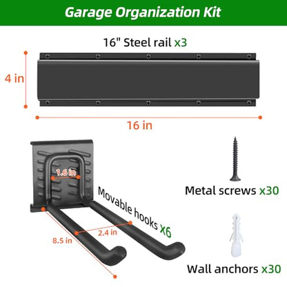 PIYILO Garage Organization, Garage Wall Organizer with 48 inches Rails and 6 Hooks, Tool Organizers Heavy Duty, Shovel Holder Wall Mount Max Load 360 LBS, Sturdy Garden Tool Rack for Folding Chairs - size: 48 inch 6-Hook