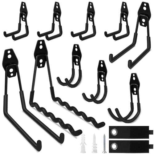 Garage Hooks, 12 Pack Heavy Duty Wall Mount Storage Hanger, Steel Garage Storage Hooks for Ladder, Bike, Garden Tool with Extension Cord Holder Organizer (Black) - color: Black, size: 12 Pack