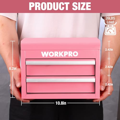 WORKPRO Metal Mini Tool Box, Top Tool Chest containing Two Drawers with Ball Bearing Slides, PVC Drawer Liners and PP Feet Pads, Cold Rolled Steel Small Toolbox for Multi-Purpose Storage - Pink Ribbon - color: Pink