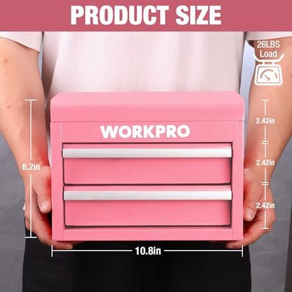 WORKPRO Metal Mini Tool Box, Top Tool Chest containing Two Drawers with Ball Bearing Slides, PVC Drawer Liners and PP Feet Pads, Cold Rolled Steel Small Toolbox for Multi-Purpose Storage - Pink Ribbon - color: Pink