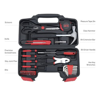 39-Piece Household Tools Kit - Comprehensive and Essential Repair Set Tools for Dorm, Home Use, DIY (39p-red) - color: Red