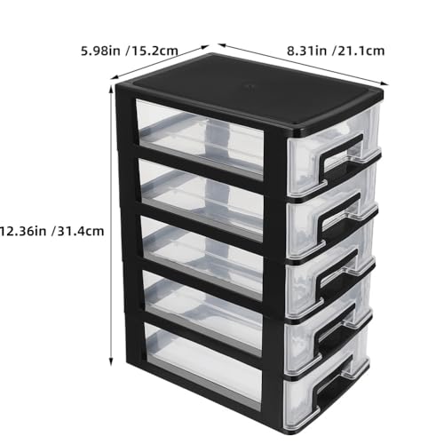 Cabilock 5-Tier Plastic Storage Drawers Clear Desktop Organiser Unit Small Stackable Craft Bins for Office Stationery Makeup Jewellery 31x21x15cm - color: Black