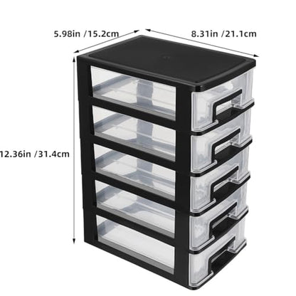Cabilock 5-Tier Plastic Storage Drawers Clear Desktop Organiser Unit Small Stackable Craft Bins for Office Stationery Makeup Jewellery 31x21x15cm - color: Black