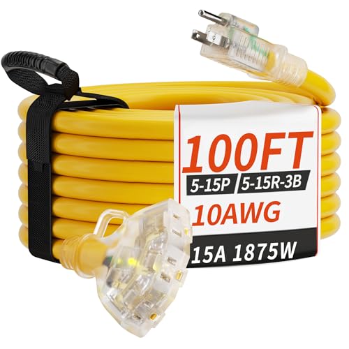 PlugSaf 100 FT 10 Gauge Outdoor Extension Cord with Multiple Outlets Light Indicator, Flexible 3 Outlet Weatherproof Heavy Duty Extension Cord Waterproof Yellow, 15A 1875W 10AWG SJTW, ETL Listed - size: 100FT