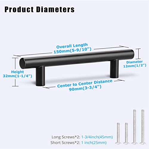 KNOBWELL 6 Pack 3-3/4" Black Drawer Pulls, T Bar Modern Kitchen Cupboard Handles Bathroom Cabinet Pulls, Round Black Handles 5-9/10 Inch Length - color: Black, size: 3 3/4inch(96mm)