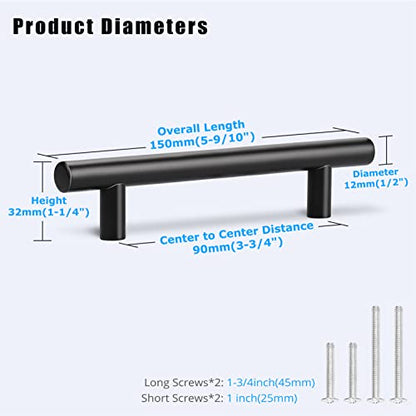 KNOBWELL 6 Pack 3-3/4" Black Drawer Pulls, T Bar Modern Kitchen Cupboard Handles Bathroom Cabinet Pulls, Round Black Handles 5-9/10 Inch Length - color: Black, size: 3 3/4inch(96mm)