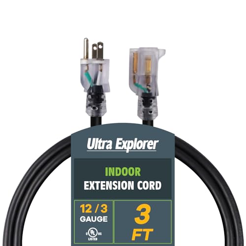 Indoor Extension Cord Waterproof 3 FT, 12 Gauge Heavy Duty Black Extension Cord SJTW, Flexible Cold-Resistant 3 Prong Grounded Power Cord for Lawn, Garden, Appliance, ETL Listed - color: Black, size: 3 ft