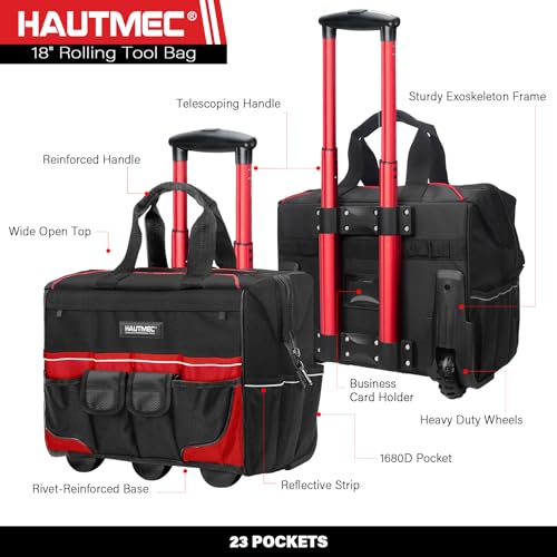 HAUTMEC 3-Piece Rolling Tool Bag Set, 18" Wheeled Tool Bag, 15" Open Top Tool Tote & 12" Wide Mouth Small Bag, Heavy-Duty 1680D Water-Resistant Tool Storage with Off-Road Wheel & Telescoping Handle - style: 3-Pcs Set | Red