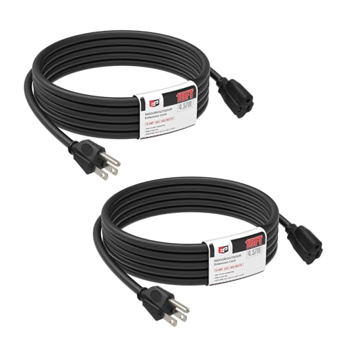 EP 2 Pack 15FT Black Outdoor Extension Cord, 16/3 SJTW Heavy Duty Waterproof, 3 Prong Grounded Plug, 13A 1625W 16AWG, Cold-Resistant Flexible Power Cable for Garden, Home, Christmas Lights - color: Black, size: 15ft-2PK