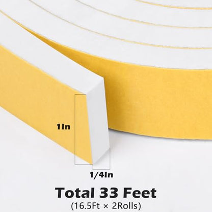 ToLanbbt White Door Window Weather Stripping Self Adhesive Foam Tape High Density Foam Sealing Strip Window Insulation Weatherproof Gasket Tape 1" Wide X 1/4" Thick, 16.5 Ft X 2 Rolls, Total 33 Feet - color: White, size: 1 In x 1/4 In x 33Ft