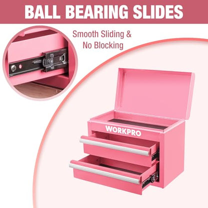 WORKPRO Metal Mini Tool Box, Top Tool Chest containing Two Drawers with Ball Bearing Slides, PVC Drawer Liners and PP Feet Pads, Cold Rolled Steel Small Toolbox for Multi-Purpose Storage - Pink Ribbon - color: Pink
