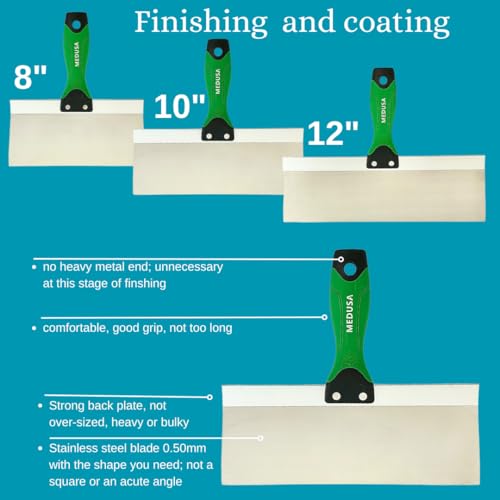 Medusa's Flexible Stainless Steel Drywall Taping Knife Set with 12" Mud Pan and Grip: Classic Style Light Weight Handles with Strong Flexible Blades for Professional and beginner friendly Finishers