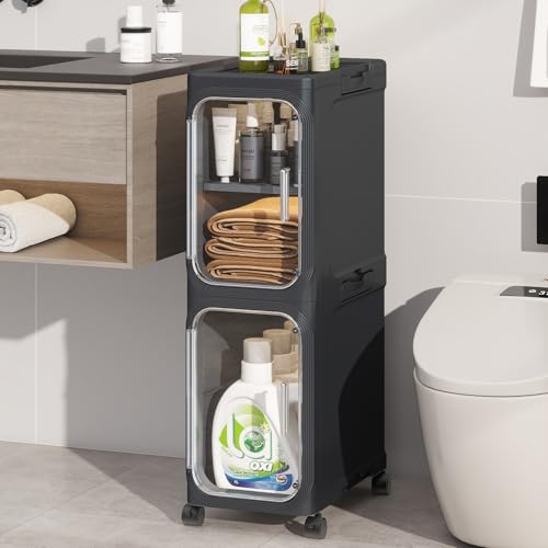 KHNR 2-Tiers Slim Bathroom Storage Cabinet, Foldable Storage Cabinets,Narrow Bathroom Storage,Movable Bathroom Storage Organizer for Small Spaces,Bathroom,Kitchen,Laundry,Black - color: Black, size: 2-Tiers