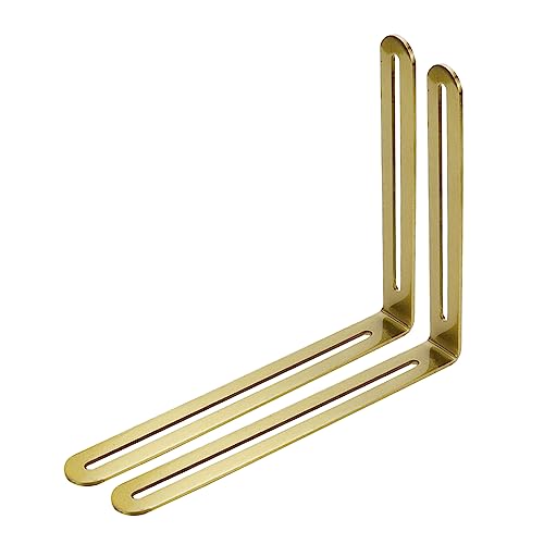 Xiaoyztan 2 Pcs Stainless Steel Shelf Bracket Reinforced L-Shape Slotted Corner Braces Adjustable for Furniture Repair Shelf Support Board Connection Angle Fixing (6.5x7.87in Gold)