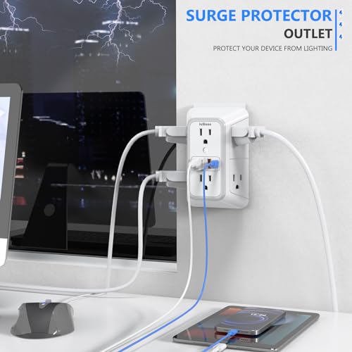 2 Pack Outlet Extender Surge Protector, 6 Outlet Splitter with 4 USB Outlet (2 USB A,2 USB C), 3Sided Power Strip with Adapter Spaced Outlets for Home, Office, Travel(White) - color: White 2PCS