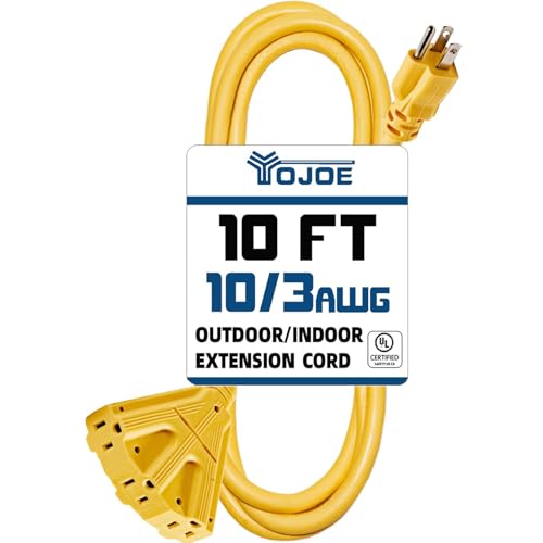 YOJOE 3-Outlets Indoor Outdoor Extension Cord, 10 Gauge SJTW Heavy Duty 10 FT Yellow, 15A Weatherproof Power Cord with 3 Prong Grounded Plug, UL Listed - color: Yellow, size: 10 Foot, style: 3-Outlets