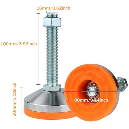 Heavy Duty Leveler Leg,Leveler Feet 3.14" Dia Base,Adjustable Leveling feet M16 Thread, 2600 Lb Capacity,Capacity for Workbench, Machine, Cabinet, More （D80xM16xH100,4 Pack,Orange） - size: D80-m16-h100 ,4 Pack