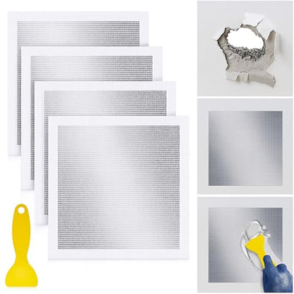 Yaocom 4 Pcs 10 x10 Inch Drywall Repair Kit Self Adhesive Mesh Drywall Repair Patch Set with Sanding Pads and Scraper Heavy Duty Metal Aluminum Dry Hole Patch Tools for Large Hole Wall Ceiling Tool - size: 10 x10"