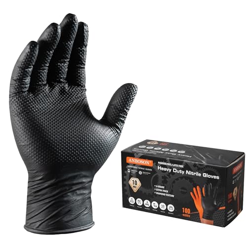 ANBOSON Heavy Duty 10 Mil Nitrile Disposable Gloves with Raised Diamond Texture, Latex-Free, Powder-Free, Extra Strong, Chemical Resistant, Durable for Mechanics, Industrial Work, Auto Repair, Large - color: Black of 100, size: Large
