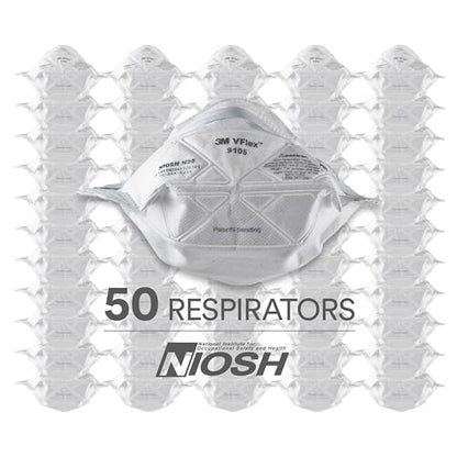 3M N95 Disposable Respirator, VFlex Particulate Respirator 9105, Pack of 50, Standard Size, NIOSH Approved, For Sweeping, Sanding, Grinding, Sawing, Bagging, Dust