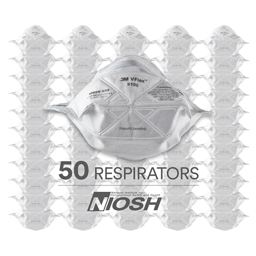3M N95 Disposable Respirator, VFlex Particulate Respirator 9105, Pack of 50, Standard Size, NIOSH Approved, For Sweeping, Sanding, Grinding, Sawing, Bagging, Dust