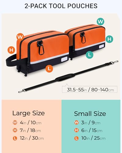 2 Pack Small Tool Bags Zipper Pouch for Organizing, with Adjustable Shoulder Strap & Carabiner, Utility Small Tool Pouch with Multi Pocket Compartments and Label Area (12" & 10") - color: Orange 2 Pack