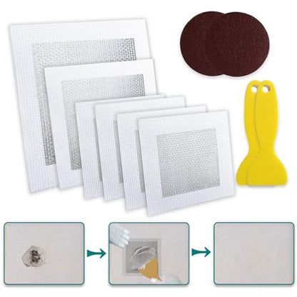 WYIRONG 10 Pack Drywall Repair Kit for Large Holes, 4/6/8 Inch Dry Wall Patch Kits for Erase a Small Nail Hole, Plaster Wall Patching Self Adhesive Aluminum Mesh with Scraper and Sandpaper - style: 10 Pack Drywall Patch Kit