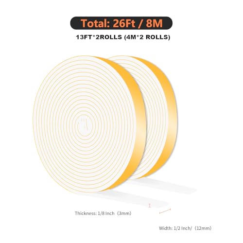 Door Weather Stripping,Weather Stripping Door Seal,Strong Adhesive,Soundproof, Dustproof,Reduce Noise,High Density CR Foam Insulation Tape for Door Frame,Window Frame (White,1/2 in x 1/8 in x 26Ft) - size: 1/2 In x 1/8 In x 26 Ft