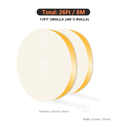 Door Weather Stripping,Weather Stripping Door Seal,Strong Adhesive,Soundproof, Dustproof,Reduce Noise,High Density CR Foam Insulation Tape for Door Frame,Window Frame (White,1/2 in x 1/8 in x 26Ft) - size: 1/2 In x 1/8 In x 26 Ft