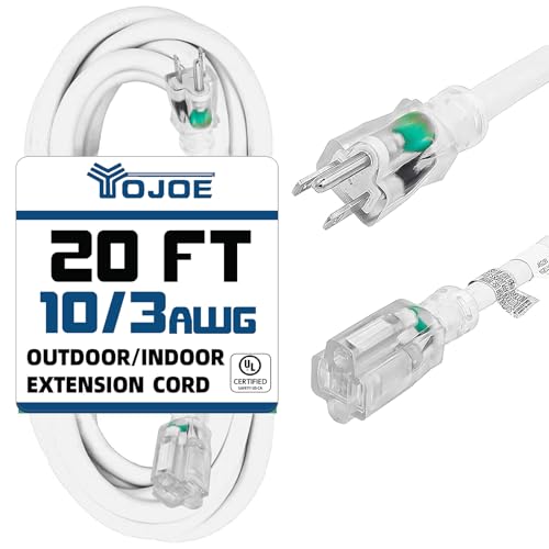 YOJOE Indoor Outdoor Extension Cord with Lighted End, 3 Prong 15A Weatherproof Power Cord, 10 Gauge Heavy Duty 20 ft White Extension Cord for Garage, Garden and Home, 10/3 SJTW UL Listed - color: White, size: 20 Foot