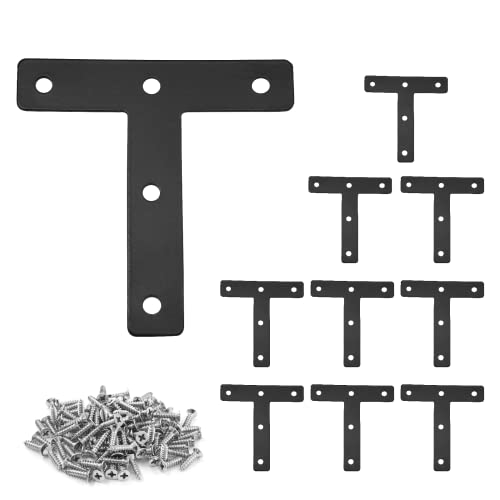 Uenhoy 10 Pcs T Shape Flat Mending Plates 80mm x 80mm (3.15" x 3.15") T Corner Braces T Bracket Connector Fixing Repair Plates for Furniture, Black - size: 80x80mm/3.15"x3.15", style: T Shape