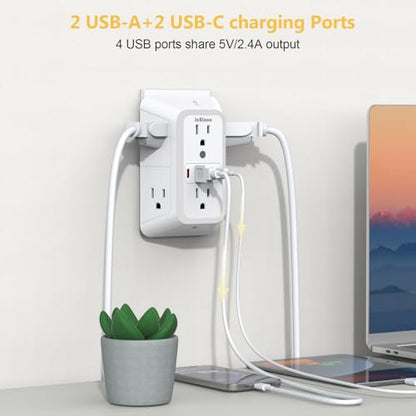 Wall Outlet Extender with Night Light, Power Plug Adapter 6 Outlet Extender with 4 USB Charging Ports 1050J Power Strip Multi Plug Adapter Spaced for Home Travel Office (2U2C) - color: White-1Pcs