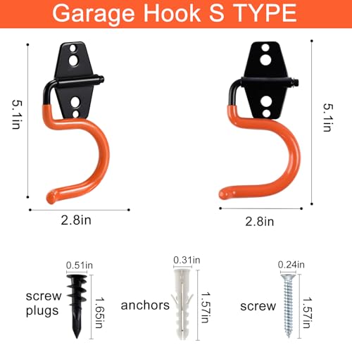 AOBEN Garage Hooks Heavy Duty, Steel Garage Storage Hooks, Utility Tool Hangers and Combinable Wall Mount Garage Hooks for Organizing Ladders, Bikes, Hoses, and More Equipment (S Hooks, 4 Pack) - size: S Hooks, 4 Pack