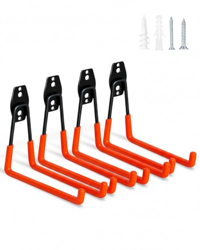 WMK Garage Hooks Heavy Duty 4 Pack, 7.3'' Wall Mount Utility Hooks for Garage Storage, Steel Garage Wall Hooks for Bike, Ladder, Tools, 100 lb Capacity, Anti-Slip PVC Coated (Orange) - color: Orange-4