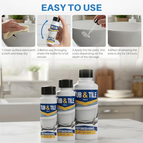 Tub and Tile Paint, 1.3 oz Tub Paint for Bathtub, 1-Part Bathtub Touch Up Paint White for Sink Bathroom Kitchen Countertop, Water Based & Low Odor, Semi-Gloss white, 1.5-1.7 sq ft (No Need Part B) - size: 1.3 Fl Oz (Pack of 1)