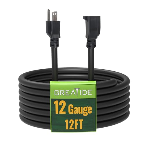 12 Ft Outdoor Extension Cord - 12/3 SJTW Heavy Duty Black Extension Cable with 3 Prong Grounded Plug - Power Cord for Lawn, Garden, Appliances - color: Black, size: 12 ft