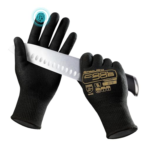 COOLJOB A3 Cut Resistant Safety Work Gloves with Nitrile Grip, Touchscreen & Flexible for Gardening Fishing Construction - color: A3 Black (Pack of 1), size: Small