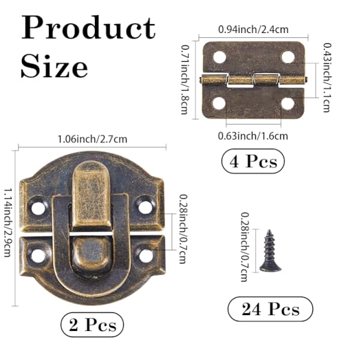2 Sets Antique Bronze Wooden Box Hinges and Latches Metal Retro Small Decorative Latches Hook Hinge Kit with 24Pcs Matching Screws for DIY Craft Project Wood Jewelry Boxes Cabinet