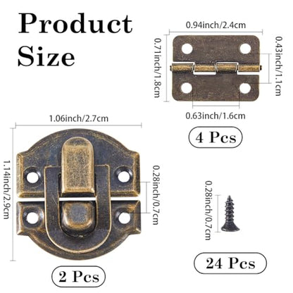 2 Sets Antique Bronze Wooden Box Hinges and Latches Metal Retro Small Decorative Latches Hook Hinge Kit with 24Pcs Matching Screws for DIY Craft Project Wood Jewelry Boxes Cabinet