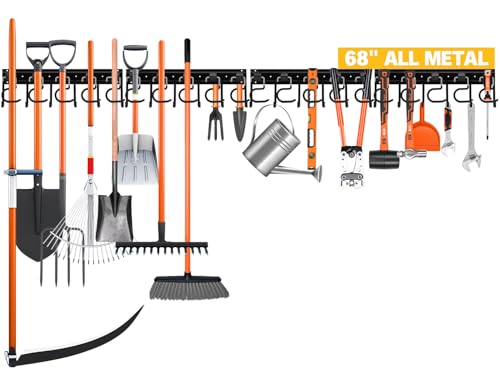 ELEAD 68'' All Metal Adjustable Garden Tool Organizer: Garage Tool Organizer Wall Mount with Black Hooks, Garage Organizers and Storage, Tool Hangers for Shed - color: Black