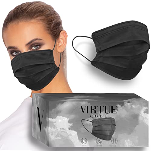 VIRTUE CODE On The Go Curved Face Masks - Soft 3 Ply Comfort 50 Disposable Face Masks - color: Black