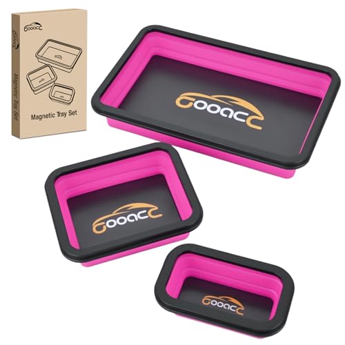 GOOACC 3 Sizes Collapsible Magnetic Parts Tray Set Pink Silicone Foldable Tool Trays Organizer for Screws Bolts Nuts Pins Washers and Other Small Metal Parts Double Sided Magnet Base - color: Pink