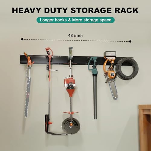 Garage Tool Organizer Wall Mount 48 Inch, Heavy Duty Metal Tool Rack with 3 Racks & 6 Adjustable Hooks, Wall Mounted Garden Tool Storage for Garage, Shed, Holds Shovels, Brooms & Tools - size: 06 Hooks