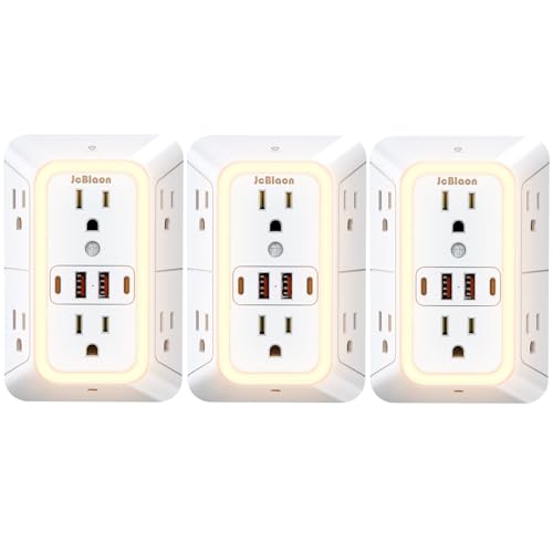 3 Pack Outlet Extender with Night Light, 6 Outlet Surge Protector Extender with 4 USB Ports (2 USB C), 3-Sided 1050J Multi Plug Wall Outlet for Home Office Dorm Room - color: White-3Pcs